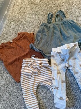 Quincy Mae Olive Green top & tan top,  with Cream and Tan Pants Set